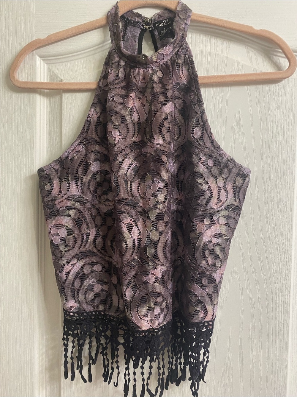 Vintage Rue21 Whimsigoth Floral Lace Mock Neck Halter Fringe Waist Crop Top S - Picture 3 of 13